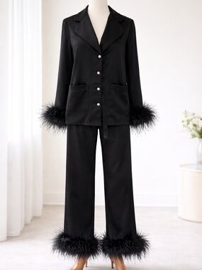 Nadine Merabi Darcie Black Satin Feather Pyjama Top - NWT - Size S/M